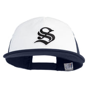 Old English Black S Patched Flat Bill Trucker Snapback Cap - White Navy OSFM