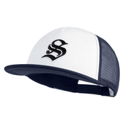 Old English Black S Patched Flat Bill Trucker Snapback Cap - White Navy OSFM