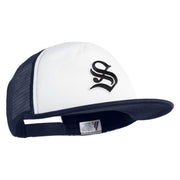 Old English Black S Patched Flat Bill Trucker Snapback Cap - White Navy OSFM