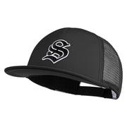 Old English Black S Patched Flat Bill Trucker Snapback Cap - Black OSFM