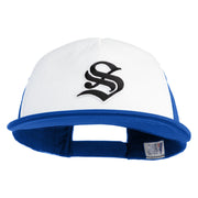 Old English Black S Patched Flat Bill Trucker Snapback Cap - White Royal OSFM