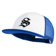 Old English Black S Patched Flat Bill Trucker Snapback Cap - White Royal OSFM