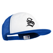 Old English Black S Patched Flat Bill Trucker Snapback Cap - White Royal OSFM