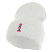 Small USA Vertical Iron on Patched 12 Inch Long Knitted Beanie - White OSFM