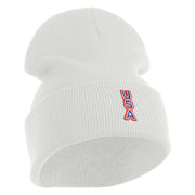 Small USA Vertical Iron on Patched 12 Inch Long Knitted Beanie - White OSFM
