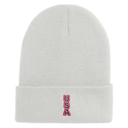 Small USA Vertical Iron on Patched 12 Inch Long Knitted Beanie - White OSFM
