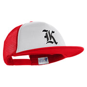 Old English Black K Patched Flat Bill Trucker Snapback Cap - White Red OSFM