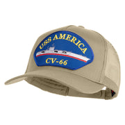 USS America CV 66 Blue Patched Solid Cotton Twill 5 panel Mesh Back Cap - Khaki OSFM