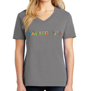 California Sign logo Ladies Big Size Core Cotton V neck T-Shirt - Medium-Grey XS