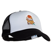 Fall Pumpkins Embroidered Summer Foam Mesh Trucker Cap - Black-White OSFM