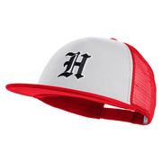 Old English Black H Patched Flat Bill Trucker Snapback Cap - White Red OSFM