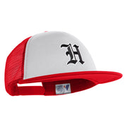 Old English Black H Patched Flat Bill Trucker Snapback Cap - White Red OSFM