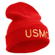 USMC Embroidered 12 Inch Solid Knit Cuff Long Beanie Made in USA - Red OSFM