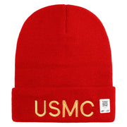 USMC Embroidered 12 Inch Solid Knit Cuff Long Beanie Made in USA - Red OSFM