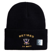 Retired US Navy Logo Embroidered 12 Inch Cuff Long Beanie Made in USA - Black OSFM