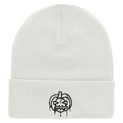 Melting Pumpkin Embroidered 12 Inch Long Knitted Beanie - White OSFM