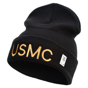 USMC Embroidered 12 Inch Solid Knit Cuff Long Beanie Made in USA - Black OSFM