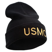 USMC Embroidered 12 Inch Solid Knit Cuff Long Beanie Made in USA - Black OSFM