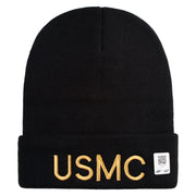 USMC Embroidered 12 Inch Solid Knit Cuff Long Beanie Made in USA - Black OSFM
