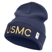 USMC Embroidered 12 Inch Solid Knit Cuff Long Beanie Made in USA - Navy OSFM