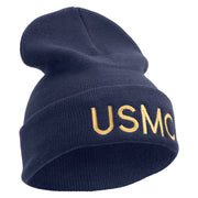 USMC Embroidered 12 Inch Solid Knit Cuff Long Beanie Made in USA - Navy OSFM