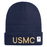 USMC Embroidered 12 Inch Solid Knit Cuff Long Beanie Made in USA - Navy OSFM