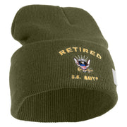 Retired US Navy Logo Embroidered 12 Inch Cuff Long Beanie Made in USA - Olive OSFM