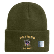 Retired US Navy Logo Embroidered 12 Inch Cuff Long Beanie Made in USA - Olive OSFM