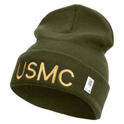 USMC Embroidered 12 Inch Solid Knit Cuff Long Beanie Made in USA - Olive OSFM