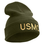 USMC Embroidered 12 Inch Solid Knit Cuff Long Beanie Made in USA - Olive OSFM