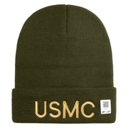 USMC Embroidered 12 Inch Solid Knit Cuff Long Beanie Made in USA - Olive OSFM