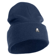 Extra Small Skull Halloween Embroidered Iron On Patched 12 Inch Long Knitted Beanie - Navy OSFM