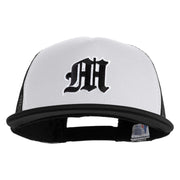 Old English Black M Patched Flat Bill Trucker Snapback Cap - White Black OSFM