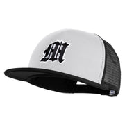 Old English Black M Patched Flat Bill Trucker Snapback Cap - White Black OSFM