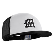 Old English Black M Patched Flat Bill Trucker Snapback Cap - White Black OSFM