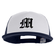 Old English Black M Patched Flat Bill Trucker Snapback Cap - White Navy OSFM