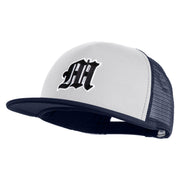 Old English Black M Patched Flat Bill Trucker Snapback Cap - White Navy OSFM