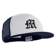 Old English Black M Patched Flat Bill Trucker Snapback Cap - White Navy OSFM