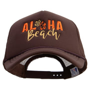 Aloha Beach with Flowers Embroidered Summer Foam Mesh Trucker Cap - Chocolate OSFM