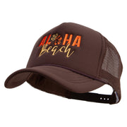 Aloha Beach with Flowers Embroidered Summer Foam Mesh Trucker Cap - Chocolate OSFM