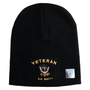 Veteran US Navy Symbol Embroidered 8 Inch Knit Short Beanie Made in USA - Black OSFM