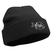 Sad Fish Logo Embroidered Super Stretch Knit Watch Cap Beanie - Black OSFM