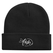 Sad Fish Logo Embroidered Super Stretch Knit Watch Cap Beanie - Black OSFM