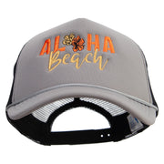 Aloha Beach with Flowers Embroidered Summer Foam Mesh Trucker Cap - Grey-Black OSFM