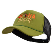 Aloha Beach with Flowers Embroidered Summer Foam Mesh Trucker Cap - Cactus-Black OSFM