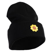 Cute Daisy Flower Embroidered Iron On Patched 12 Inch Long Knitted Beanie - Black OSFM