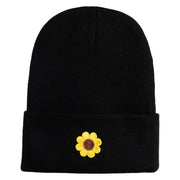 Cute Daisy Flower Embroidered Iron On Patched 12 Inch Long Knitted Beanie - Black OSFM