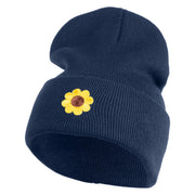 Cute Daisy Flower Embroidered Iron On Patched 12 Inch Long Knitted Beanie - Navy OSFM