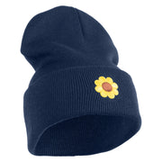 Cute Daisy Flower Embroidered Iron On Patched 12 Inch Long Knitted Beanie - Navy OSFM