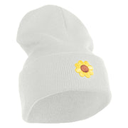 Cute Daisy Flower Embroidered Iron On Patched 12 Inch Long Knitted Beanie - White OSFM